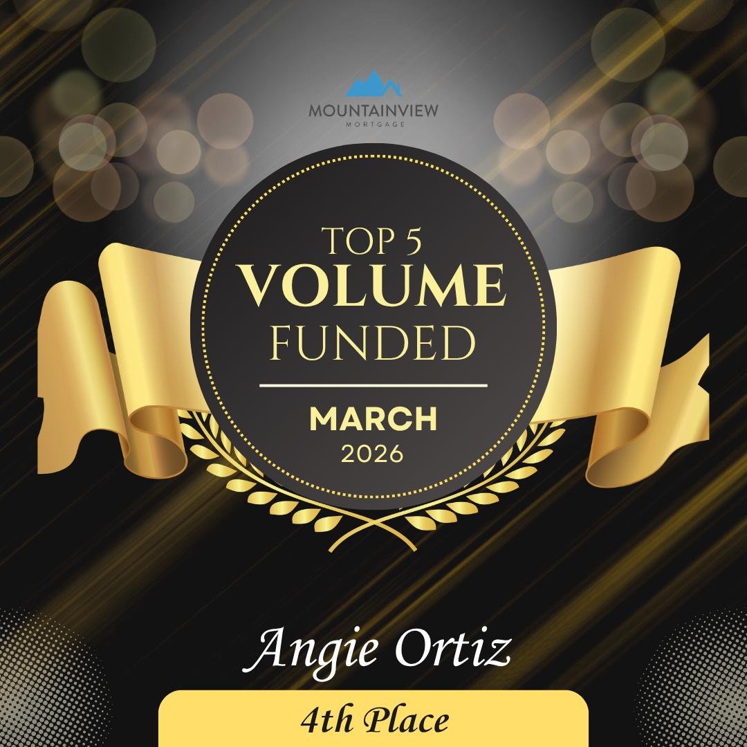 Award plaque: black circular badge with a gold border and ribbon reading 'Top 5 Volume Funded — March 2026'; recipient Angie Ortiz, 4th Place.